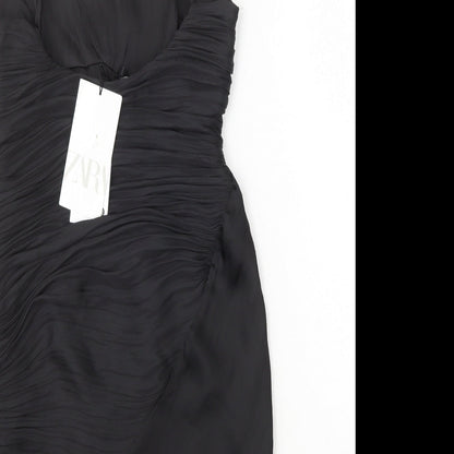 Zara Womens Black Polyester Slip Dress Size S V-Neck Zip