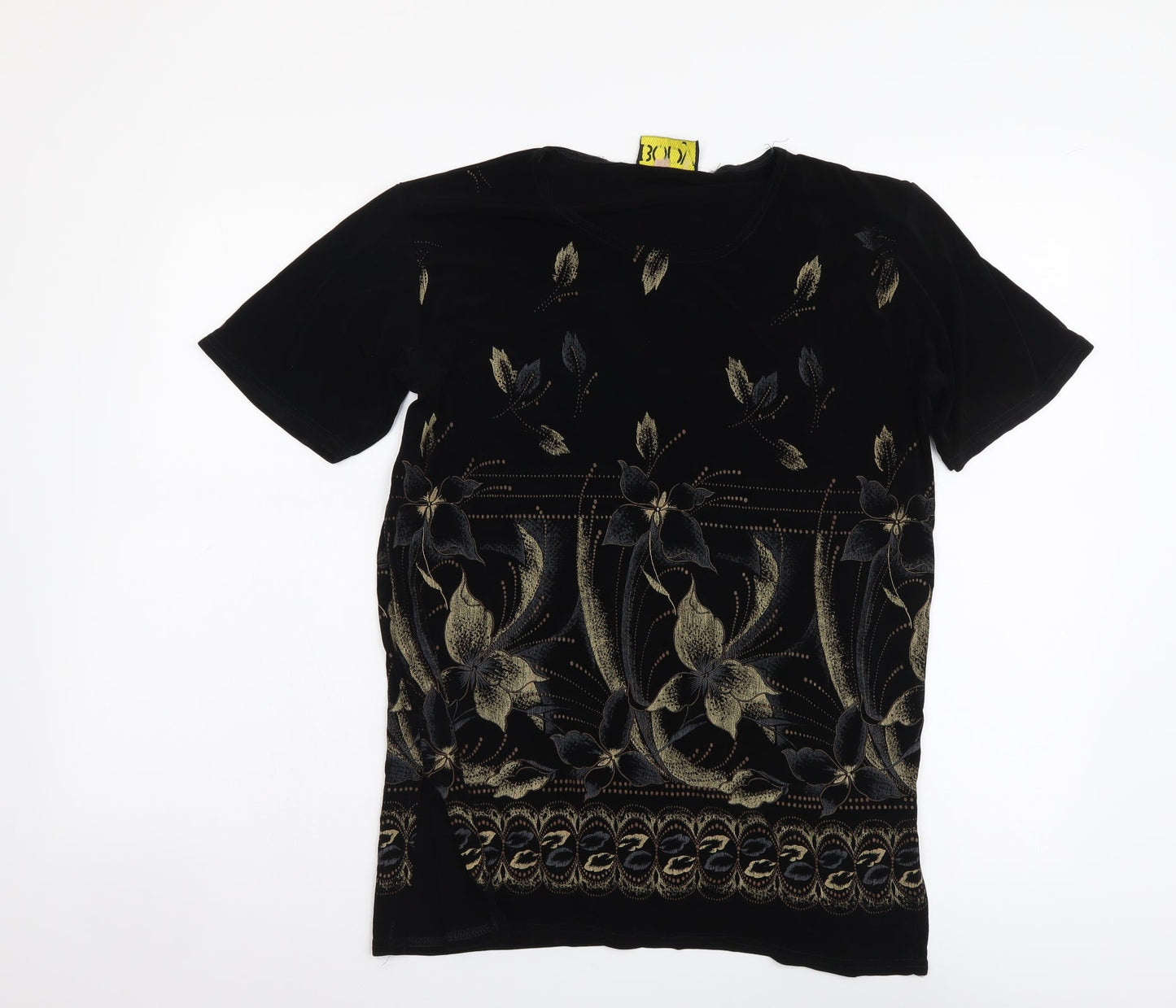 Body Collection Womens Black Floral Acetate Basic T-Shirt Size M Round Neck