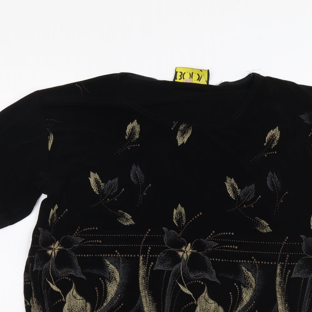 Body Collection Womens Black Floral Acetate Basic T-Shirt Size M Round Neck
