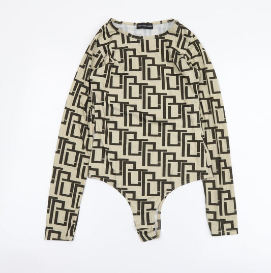 PRETTYLITTLETHING Womens Beige Geometric Polyester Bodysuit One-Piece Size 8 Snap