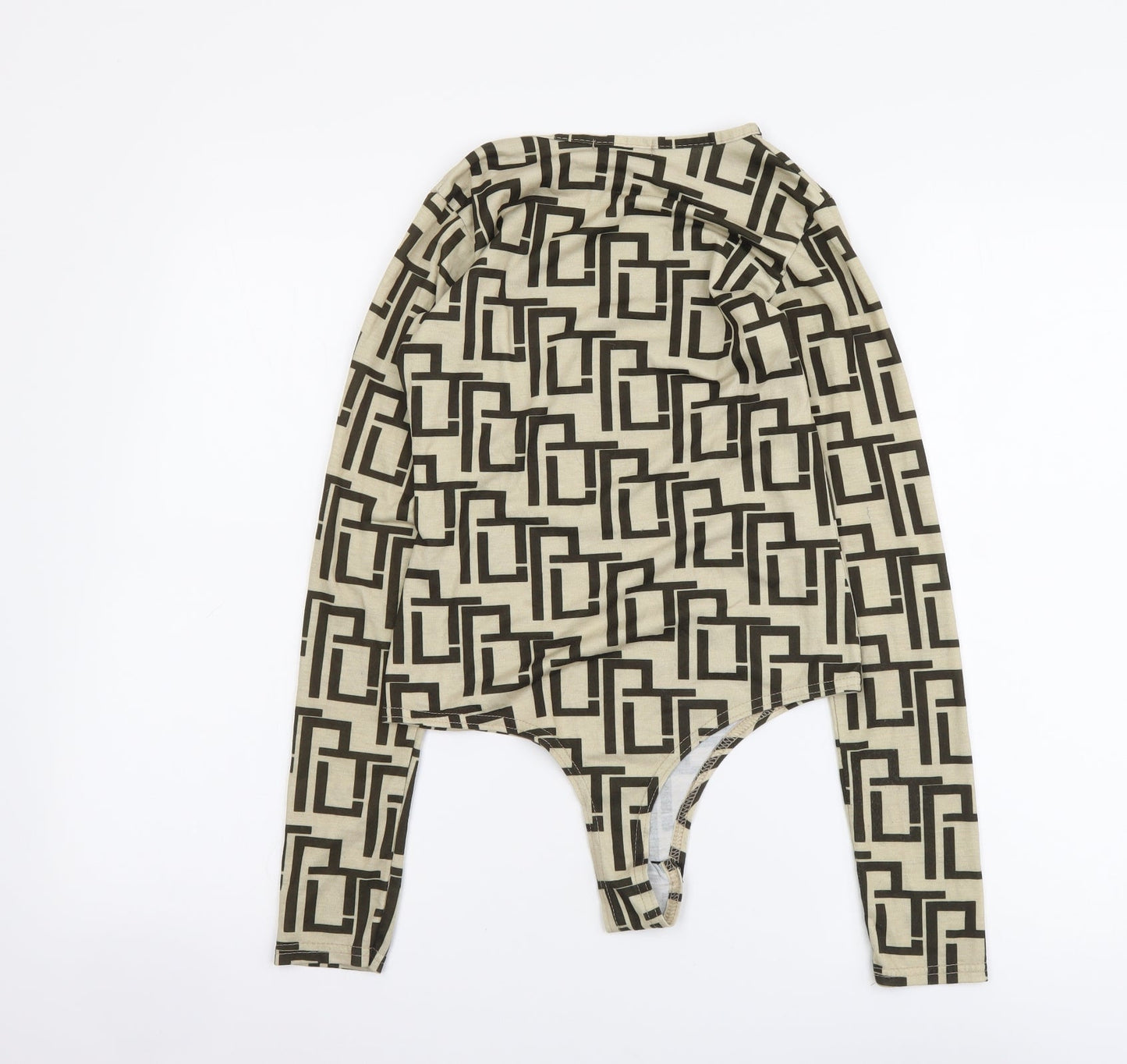 PRETTYLITTLETHING Womens Beige Geometric Polyester Bodysuit One-Piece Size 8 Snap