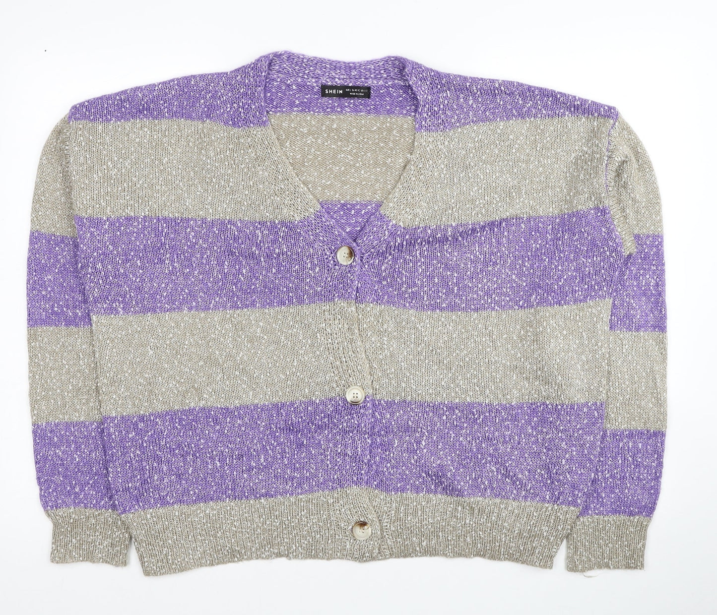 SheIn Womens Grey V-Neck Striped Acrylic Cardigan Jumper Size L