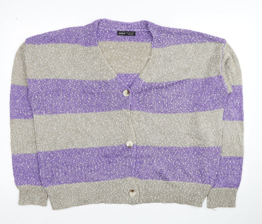 SheIn Womens Grey V-Neck Striped Acrylic Cardigan Jumper Size L