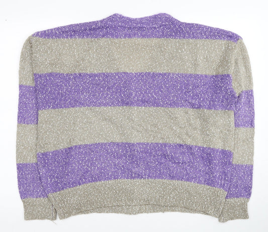 SheIn Womens Grey V-Neck Striped Acrylic Cardigan Jumper Size L