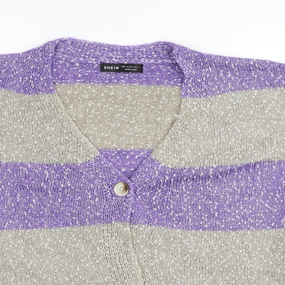 SheIn Womens Grey V-Neck Striped Acrylic Cardigan Jumper Size L