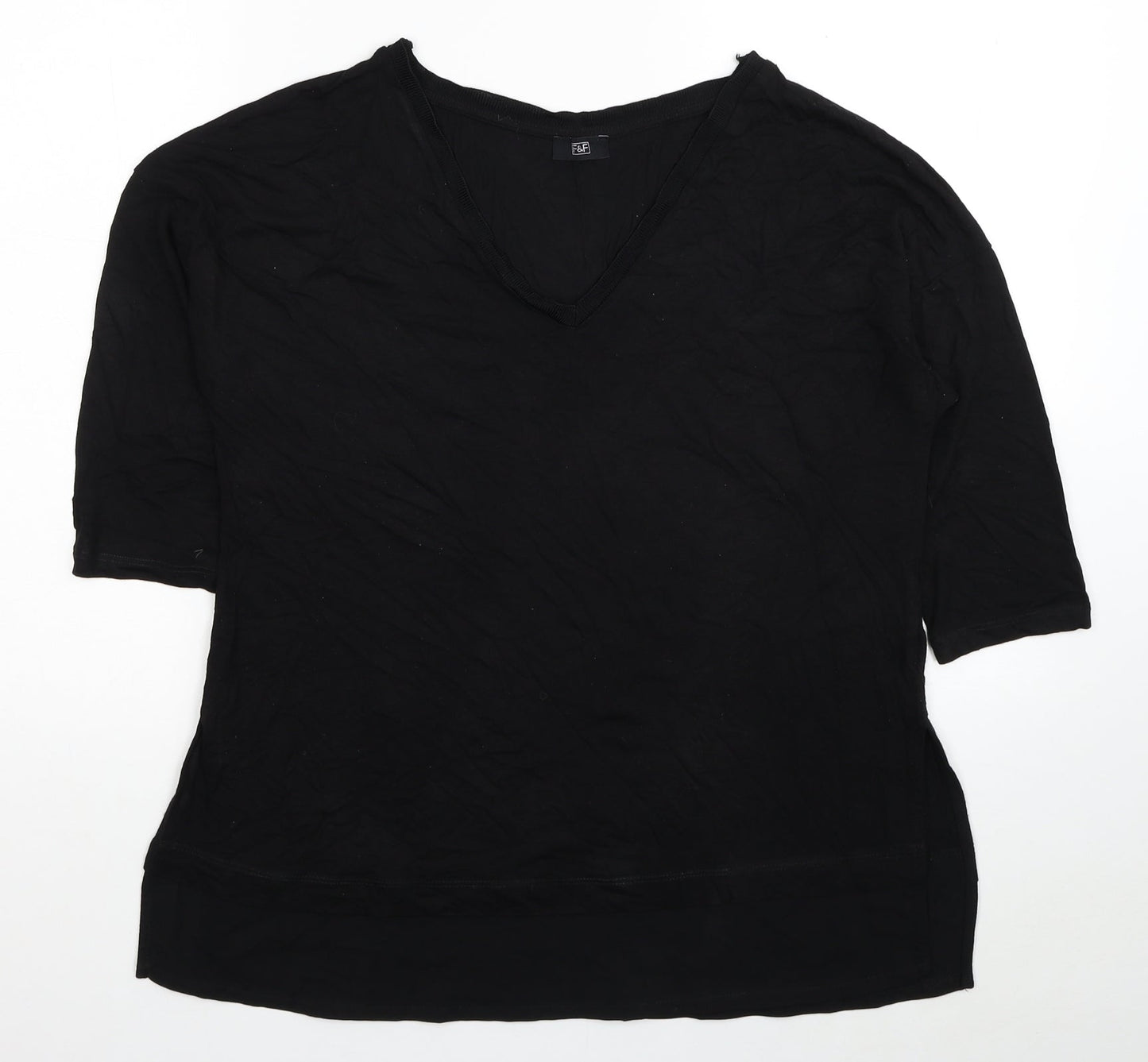 F&F Womens Black Viscose Basic T-Shirt Size 12 V-Neck