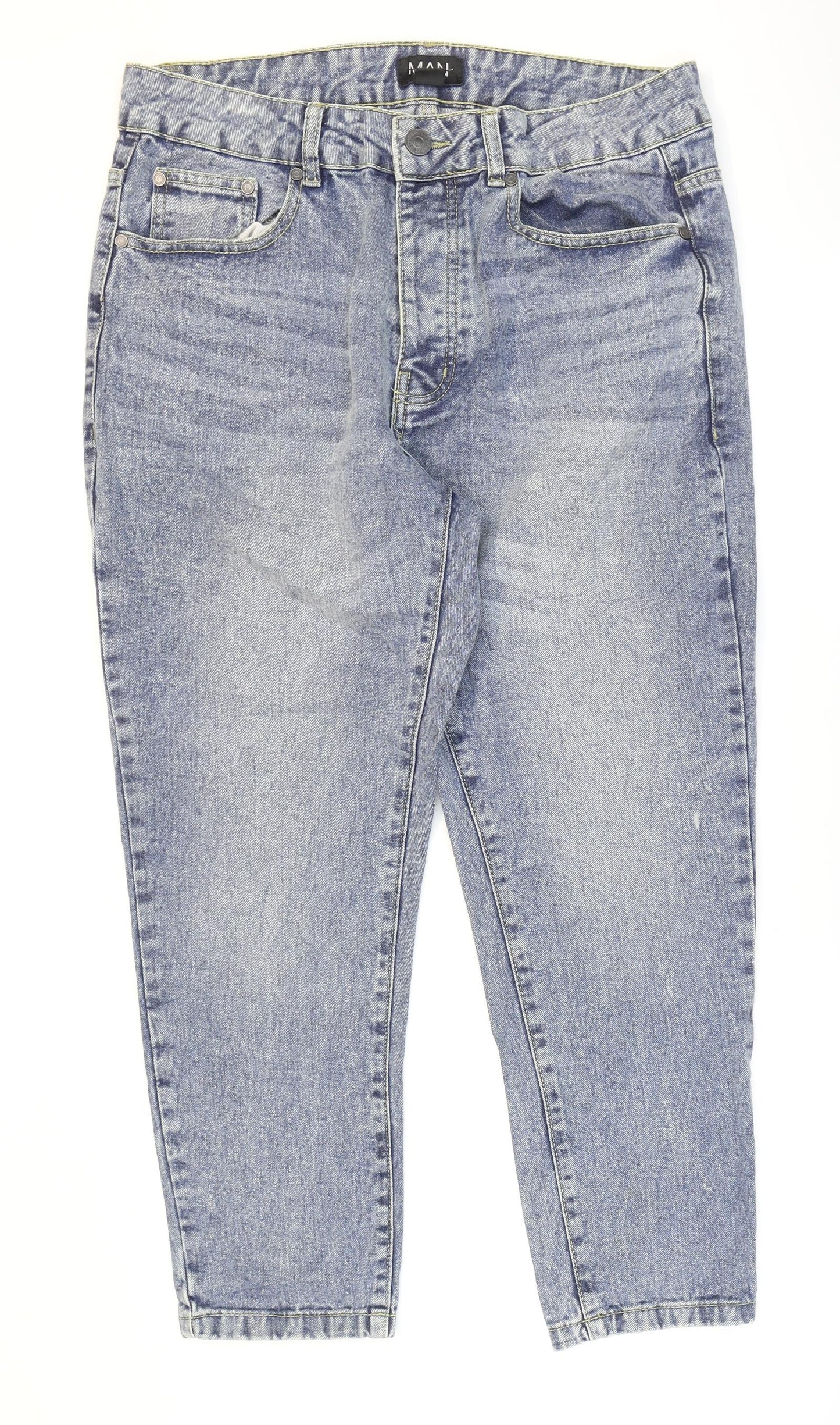 Boohoo MAN Mens Blue Cotton Tapered Jeans Size 32 in L25 in Regular Zip - Washed look