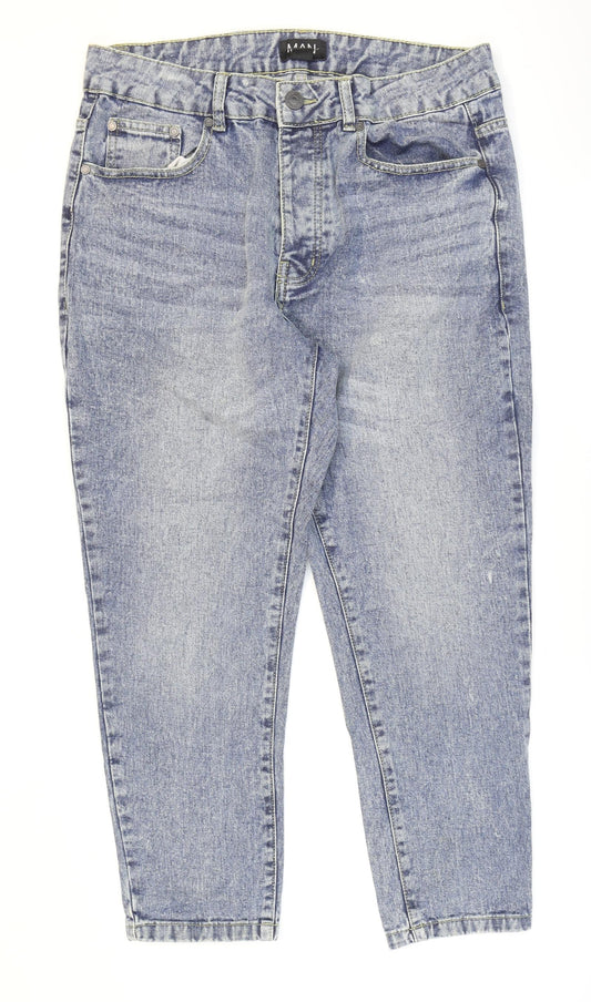 Boohoo MAN Mens Blue Cotton Tapered Jeans Size 32 in L25 in Regular Zip - Washed look