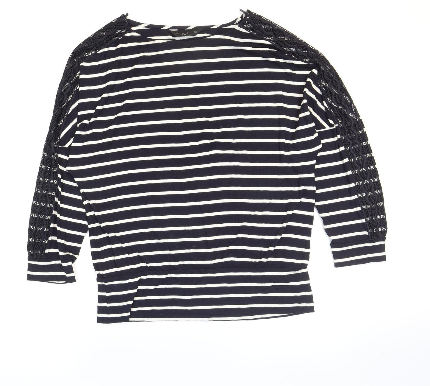 F&F Womens Blue Striped Viscose Basic T-Shirt Size 10 Boat Neck - Lace Detail