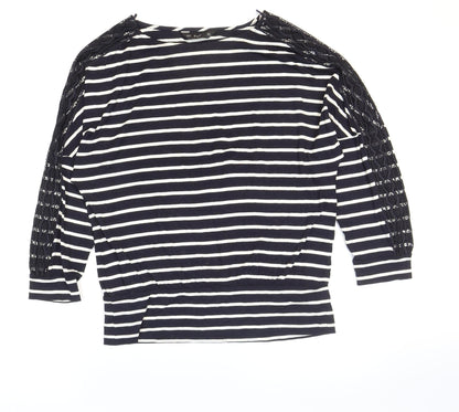 F&F Womens Blue Striped Viscose Basic T-Shirt Size 10 Boat Neck - Lace Detail