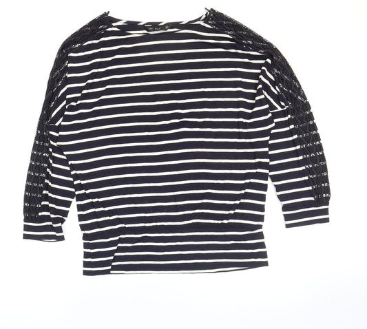 F&F Womens Blue Striped Viscose Basic T-Shirt Size 10 Boat Neck - Lace Detail