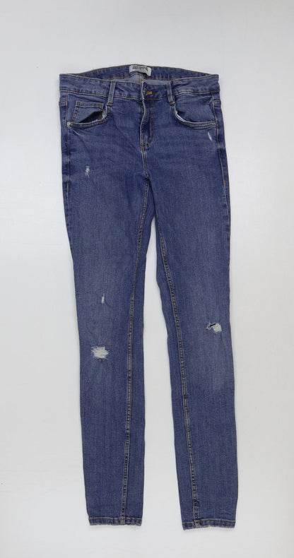 Zara Womens Blue Cotton Straight Jeans Size 8 L28 in Regular Button - Distressed
