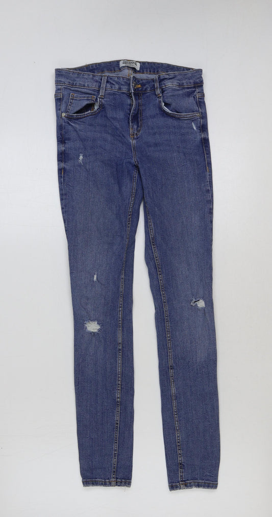 Zara Womens Blue Cotton Straight Jeans Size 8 L28 in Regular Button - Distressed