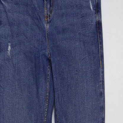 Zara Womens Blue Cotton Straight Jeans Size 8 L28 in Regular Button - Distressed