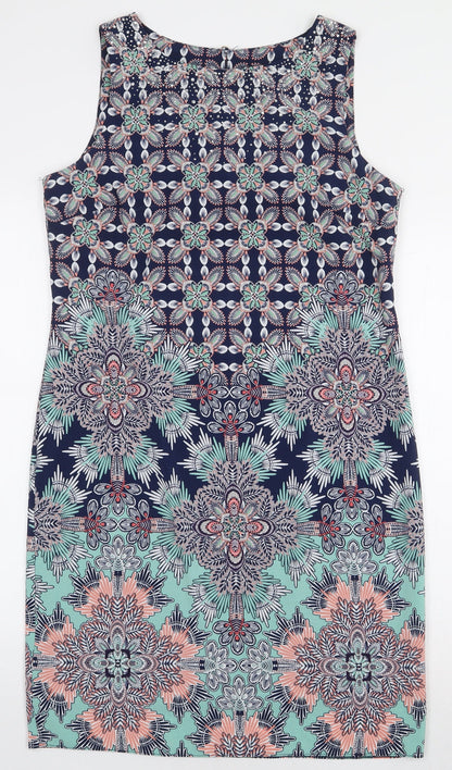 M&Co Womens Blue Geometric Polyester Pencil Dress Size 12 Boat Neck Zip
