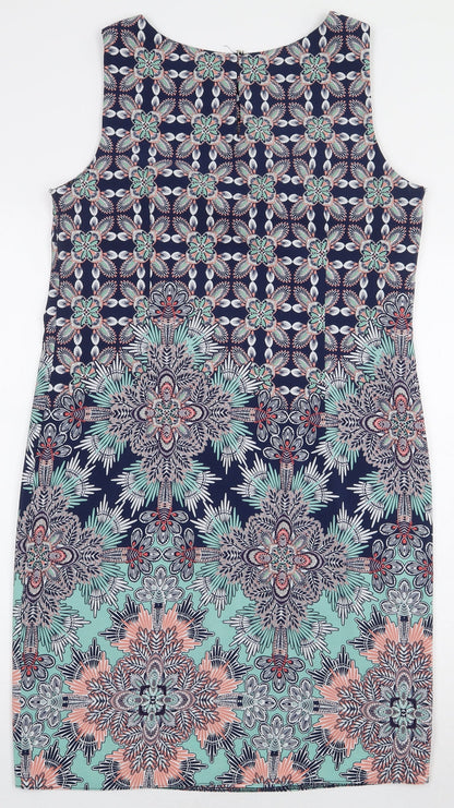 M&Co Womens Blue Geometric Polyester Pencil Dress Size 12 Boat Neck Zip