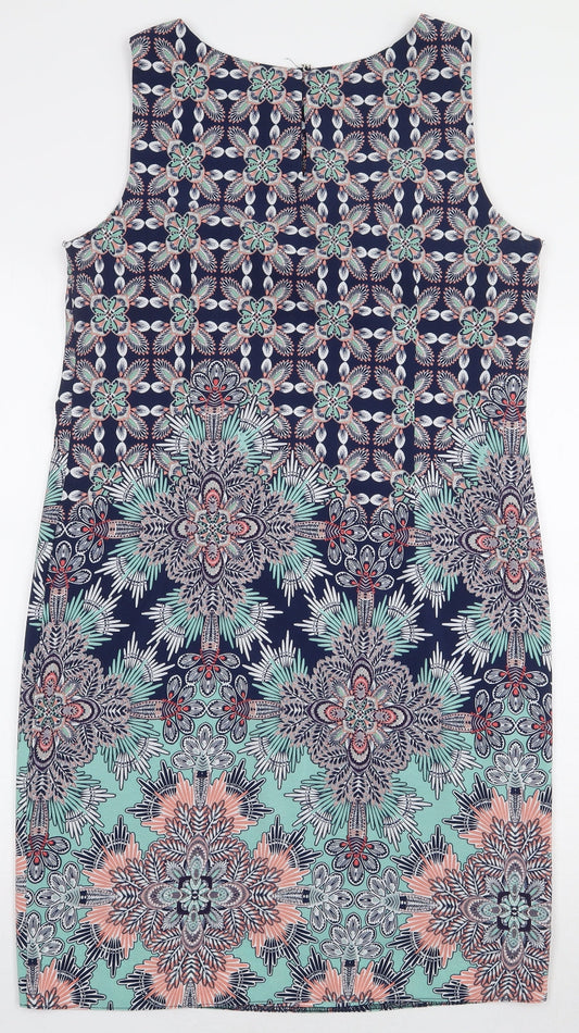 M&Co Womens Blue Geometric Polyester Pencil Dress Size 12 Boat Neck Zip