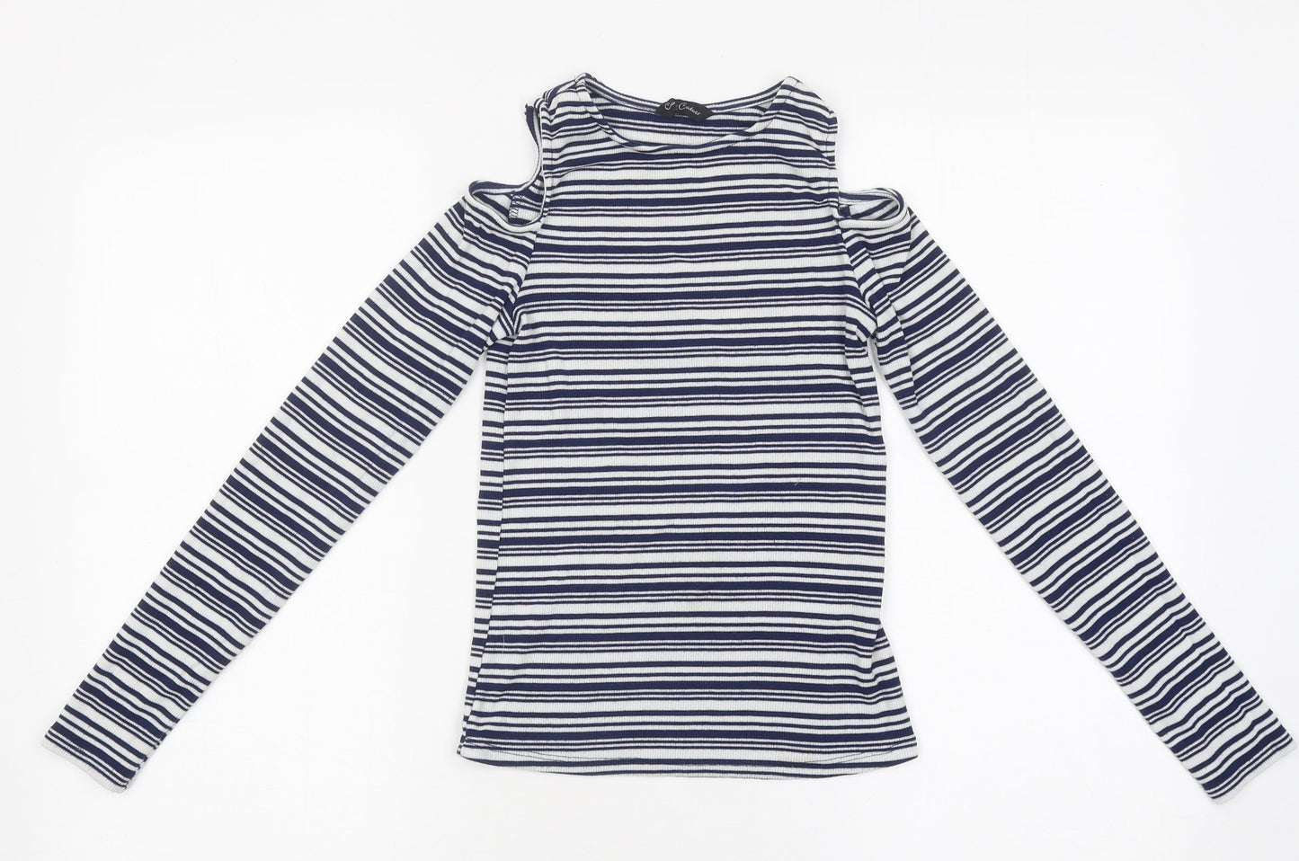 Candy Couture Girls Blue Striped Polyester Basic Casual Size 14 Years Round Neck Pullover - Cut-Our Shoulders
