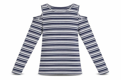 Candy Couture Girls Blue Striped Polyester Basic Casual Size 14 Years Round Neck Pullover - Cut-Our Shoulders