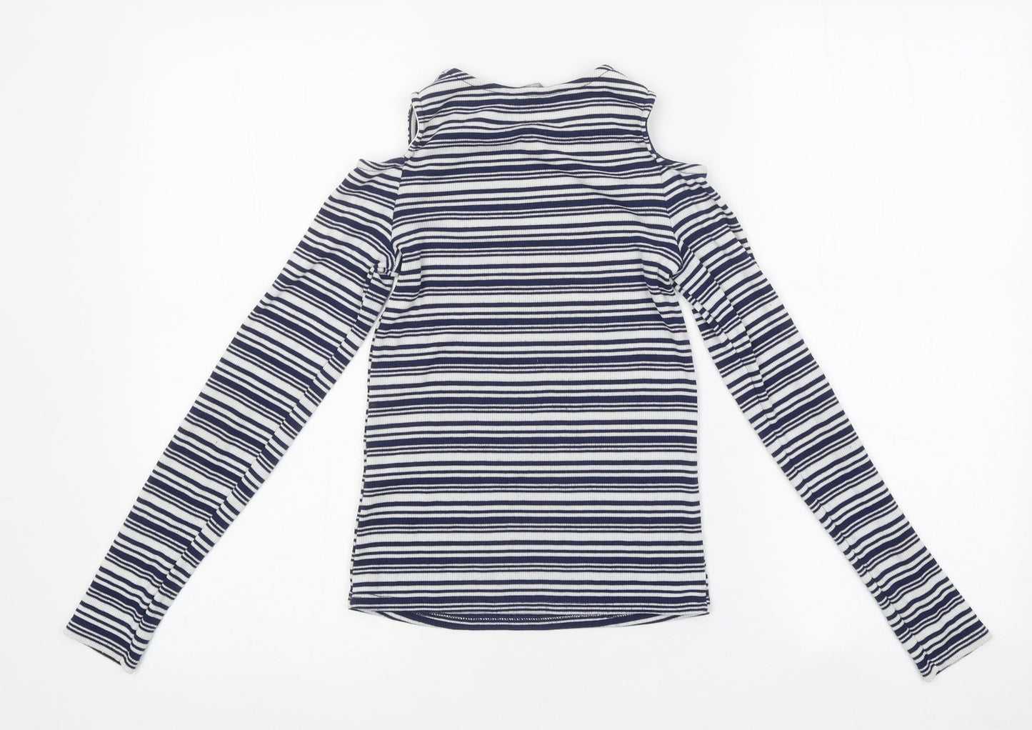 Candy Couture Girls Blue Striped Polyester Basic Casual Size 14 Years Round Neck Pullover - Cut-Our Shoulders