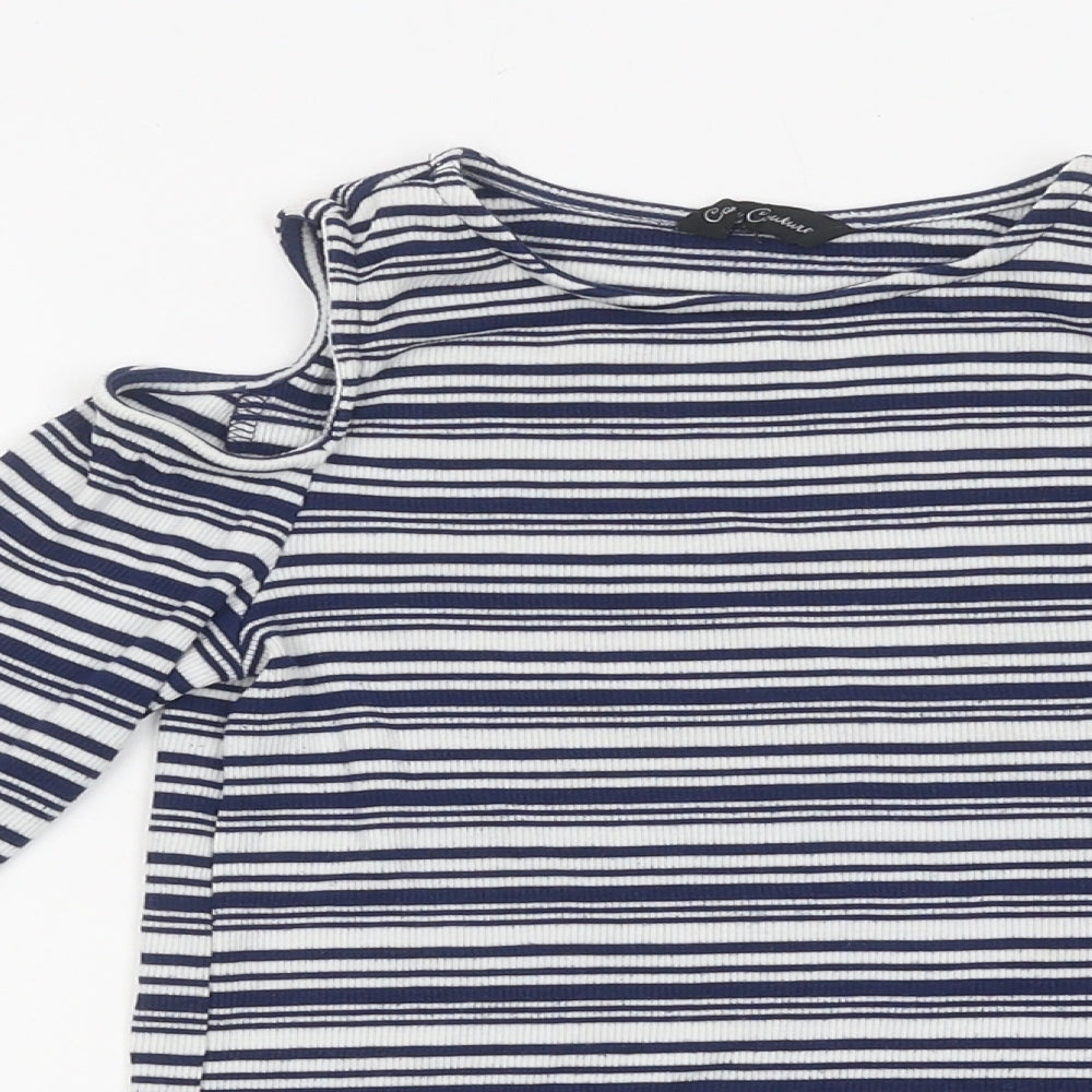 Candy Couture Girls Blue Striped Polyester Basic Casual Size 14 Years Round Neck Pullover - Cut-Our Shoulders
