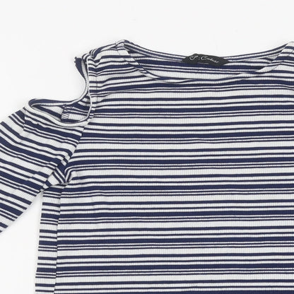 Candy Couture Girls Blue Striped Polyester Basic Casual Size 14 Years Round Neck Pullover - Cut-Our Shoulders