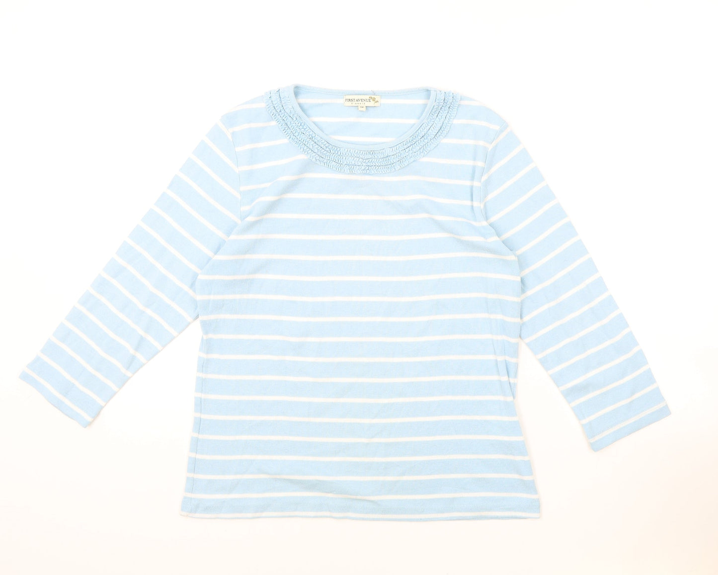 First Avenue Womens Blue Striped Polyester Basic T-Shirt Size M Round Neck