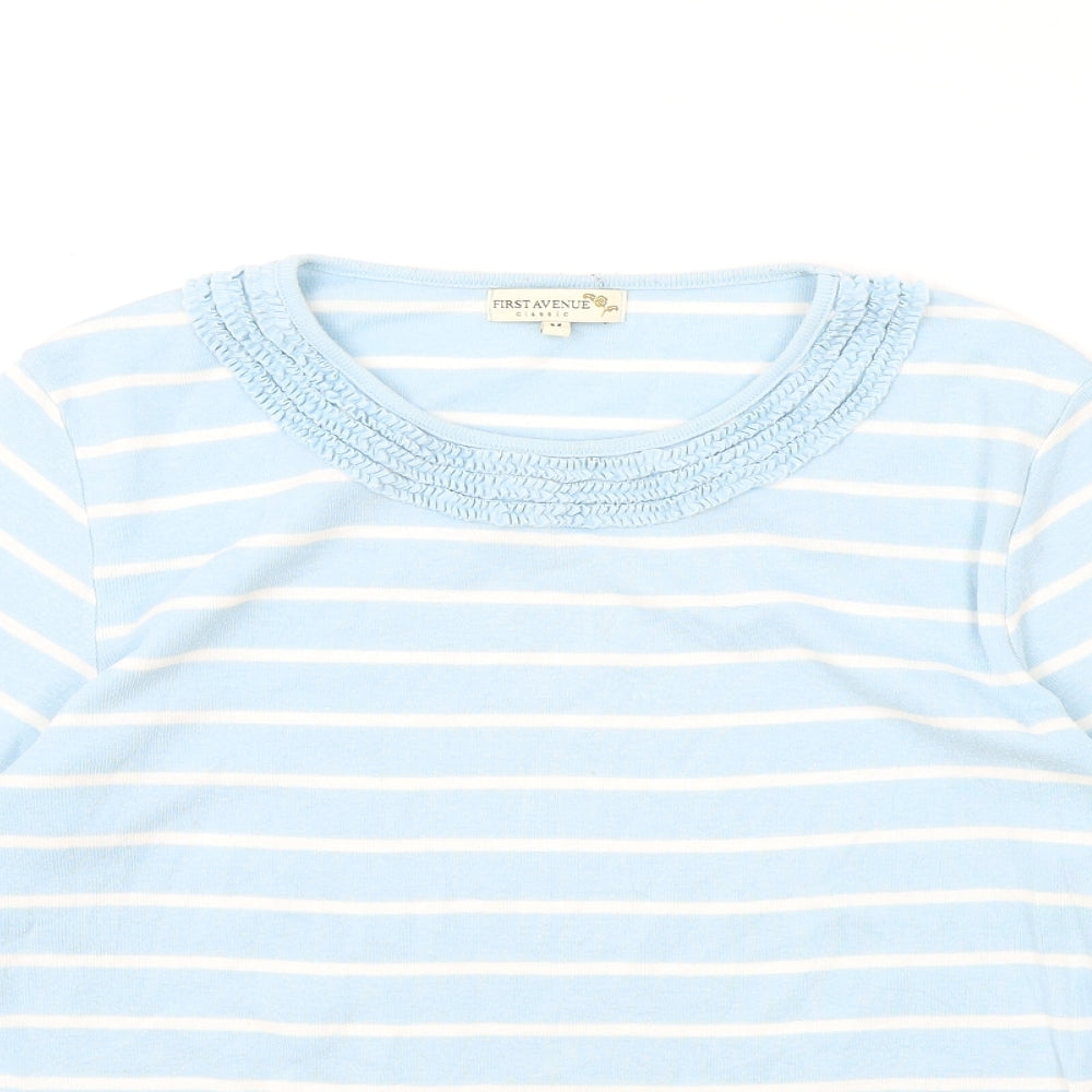 First Avenue Womens Blue Striped Polyester Basic T-Shirt Size M Round Neck