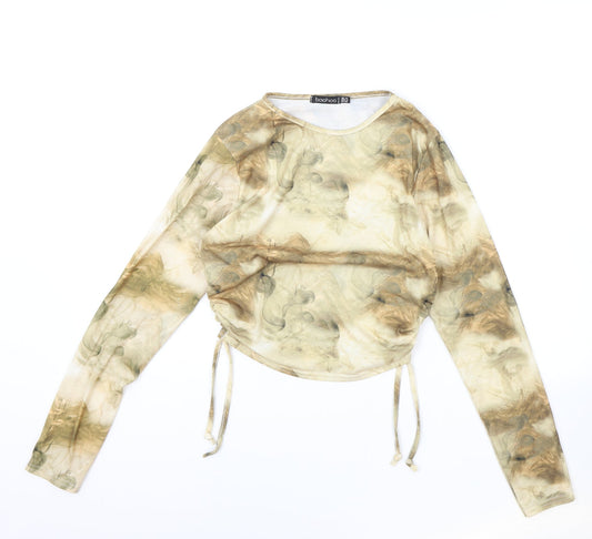 Boohoo Womens Brown Geometric Polyester Basic T-Shirt Size 12 Round Neck - Smokey, swirly