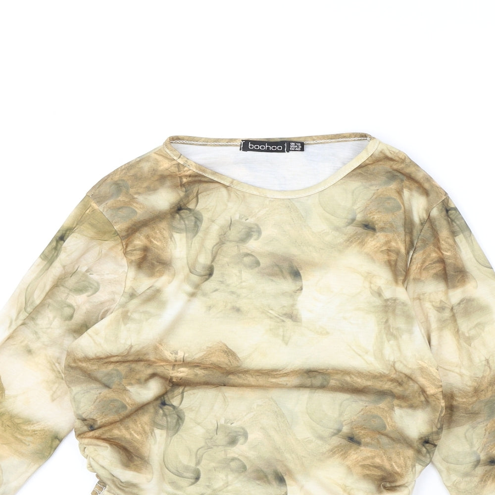 Boohoo Womens Brown Geometric Polyester Basic T-Shirt Size 12 Round Neck - Smokey, swirly