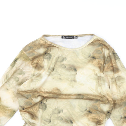 Boohoo Womens Brown Geometric Polyester Basic T-Shirt Size 12 Round Neck - Smokey, swirly