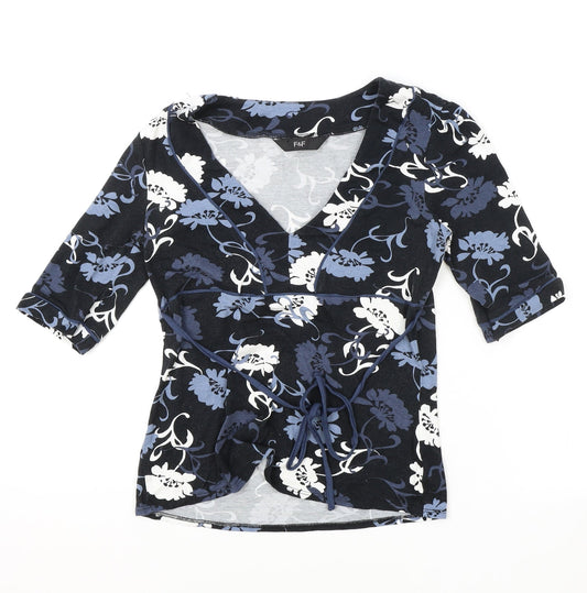 F&F Womens Black Floral Viscose Basic T-Shirt Size 10 V-Neck