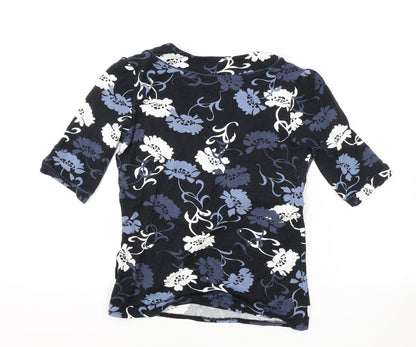 F&F Womens Black Floral Viscose Basic T-Shirt Size 10 V-Neck