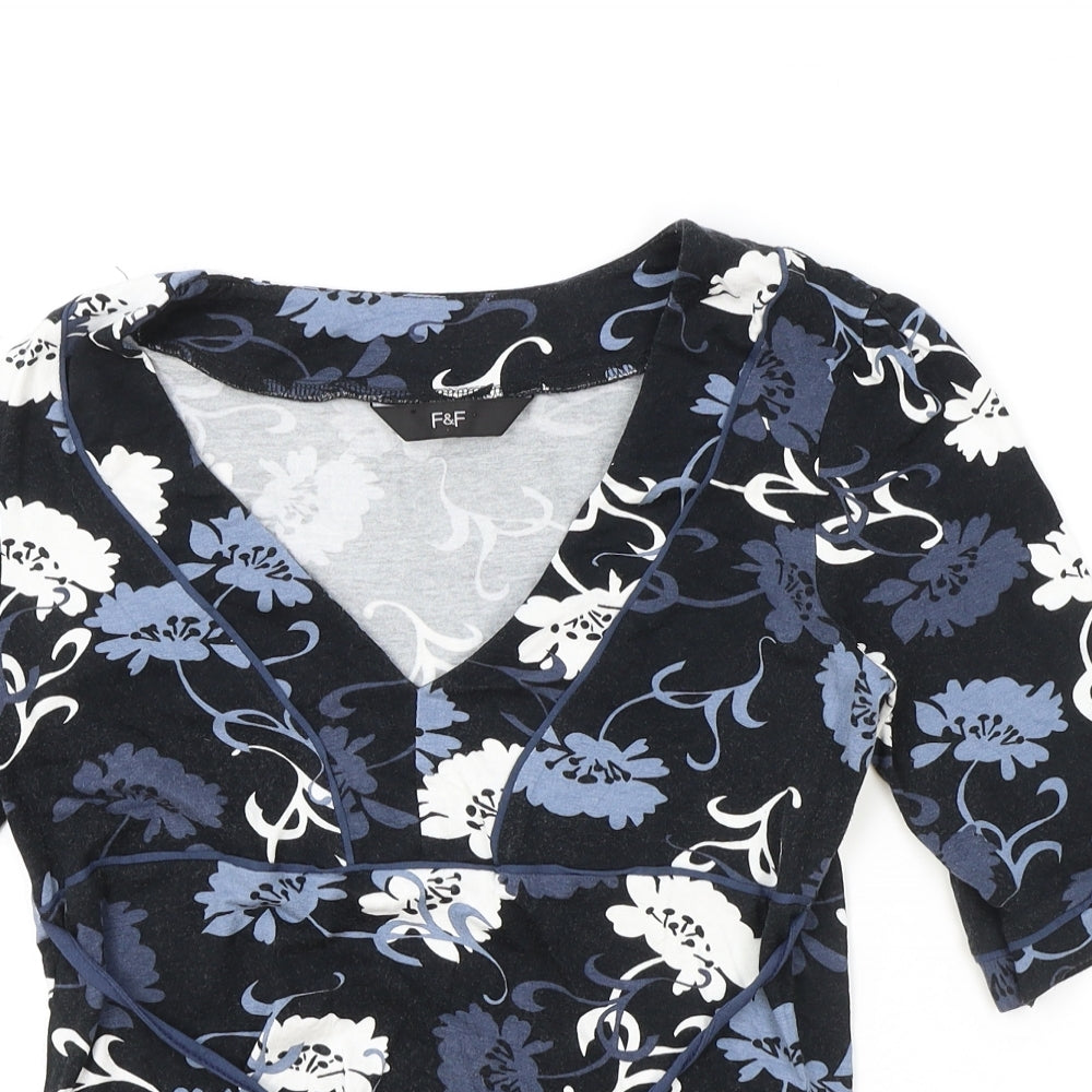 F&F Womens Black Floral Viscose Basic T-Shirt Size 10 V-Neck