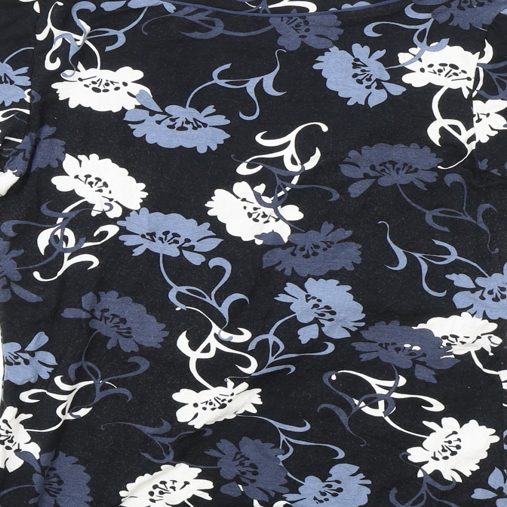 F&F Womens Black Floral Viscose Basic T-Shirt Size 10 V-Neck