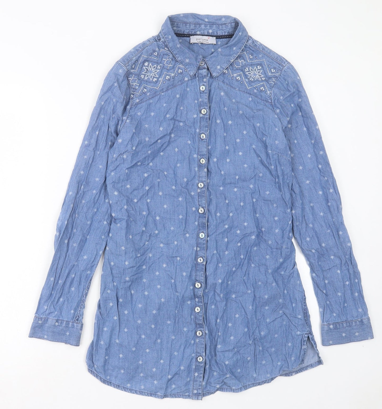 Marks and Spencer Womens Blue Geometric Cotton Shirt Dress Size 10 Collared Button