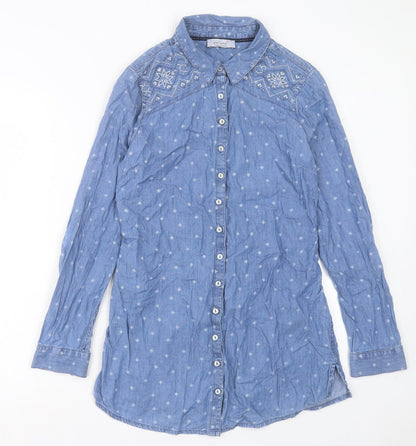 Marks and Spencer Womens Blue Geometric Cotton Shirt Dress Size 10 Collared Button