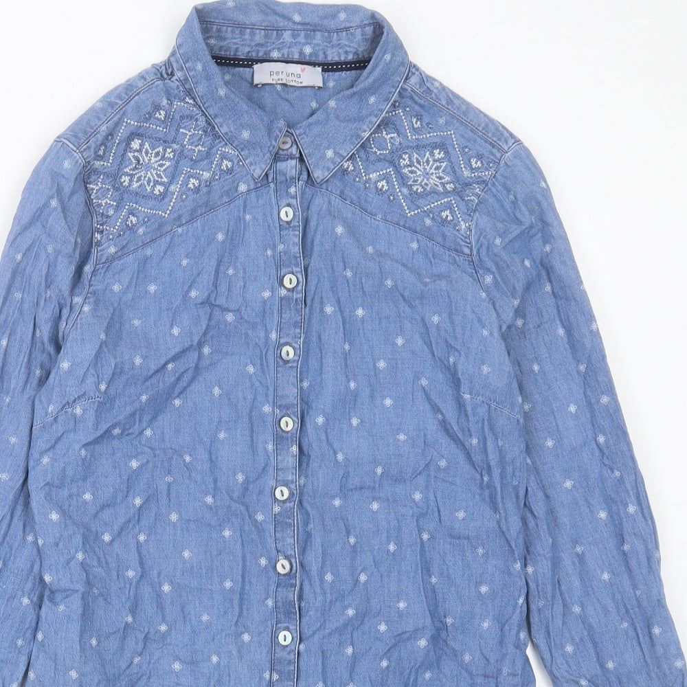 Marks and Spencer Womens Blue Geometric Cotton Shirt Dress Size 10 Collared Button