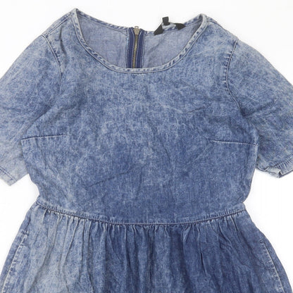 New Look Womens Blue Cotton A-Line Size 10 Crew Neck Zip