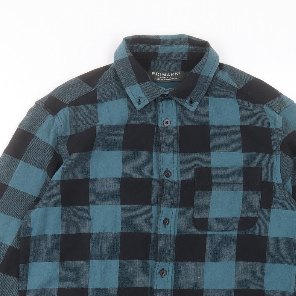 Primark Mens Blue Plaid Cotton Button-Up Size XS Collared Button - Pocket Detail