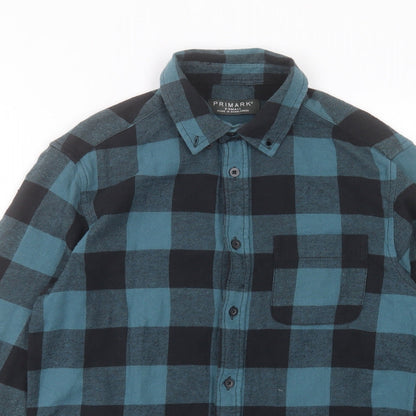 Primark Mens Blue Plaid Cotton Button-Up Size XS Collared Button - Pocket Detail