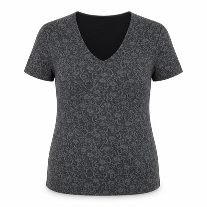 newloo Womens Grey Floral Polyester Basic Blouse Size 16 V-Neck