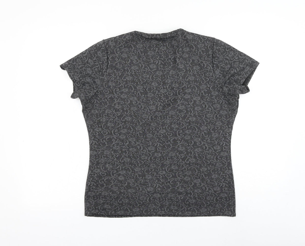 newloo Womens Grey Floral Polyester Basic Blouse Size 16 V-Neck