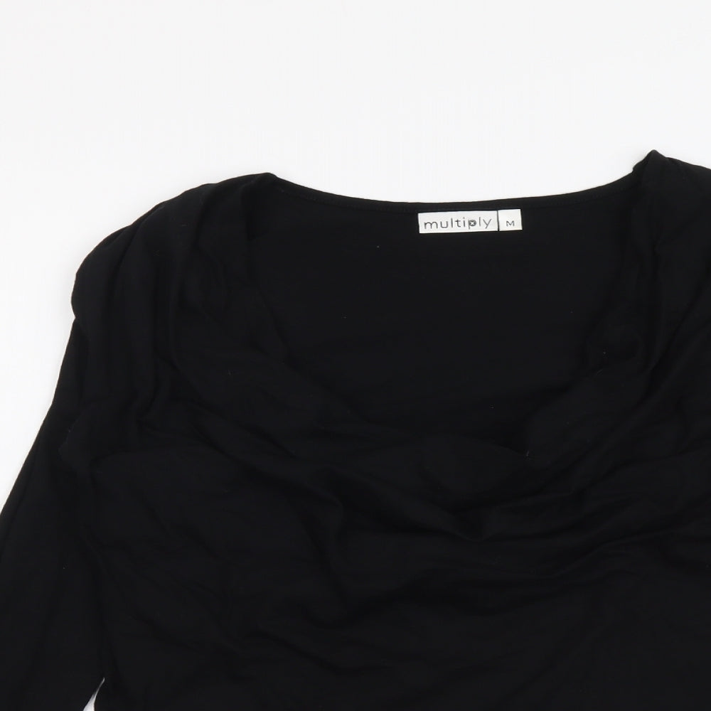 Multiply Womens Black Polyester Basic T-Shirt Size M Cowl Neck