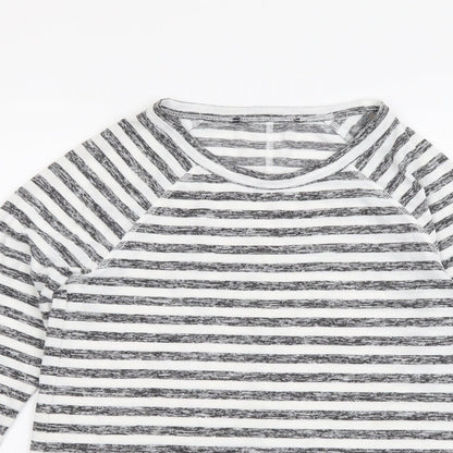 Marks and Spencer Womens Grey Striped Polyester Basic T-Shirt Size 8 Round Neck