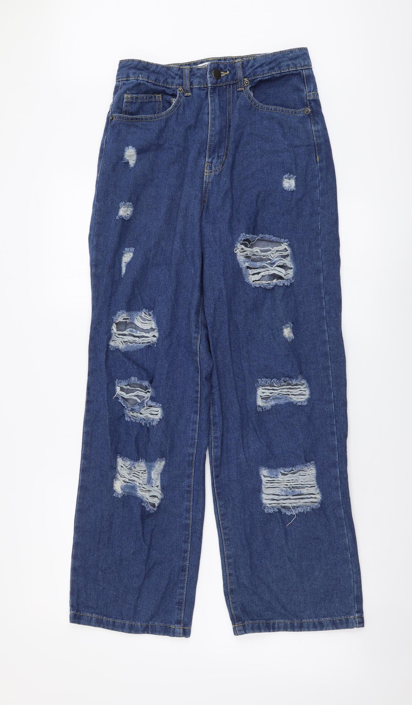 Forever Denim Womens Blue Cotton Wide-Leg Jeans Size 6 L28 in Regular Button - Distressed Look