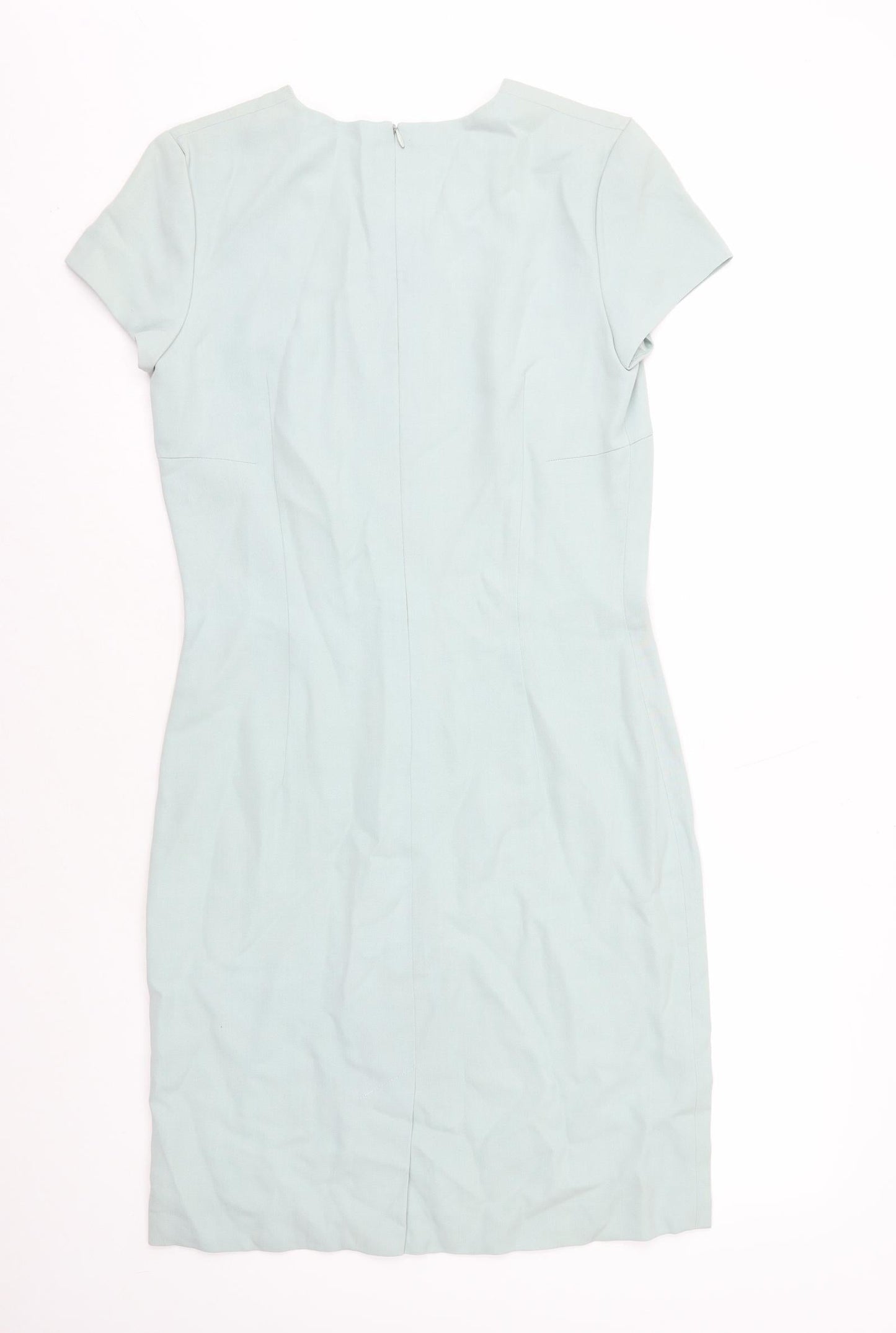 Preworn Womens Blue Polyester Pencil Dress Size 8 V-Neck Zip