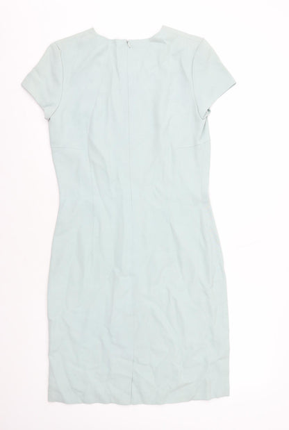 Preworn Womens Blue Polyester Pencil Dress Size 8 V-Neck Zip