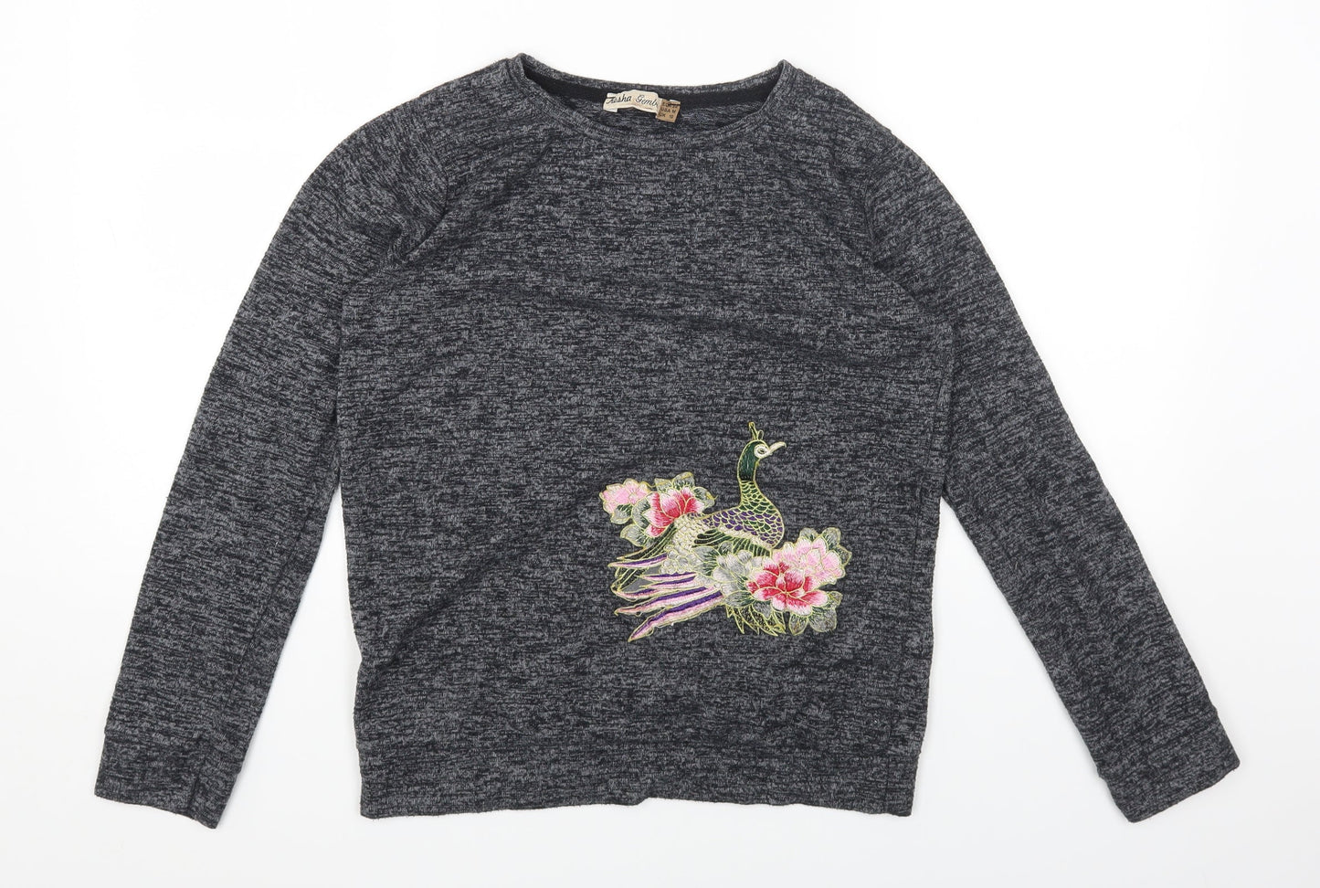 kasha Womens Grey Round Neck Cotton Pullover Jumper Size 10 - Peacock Flowers