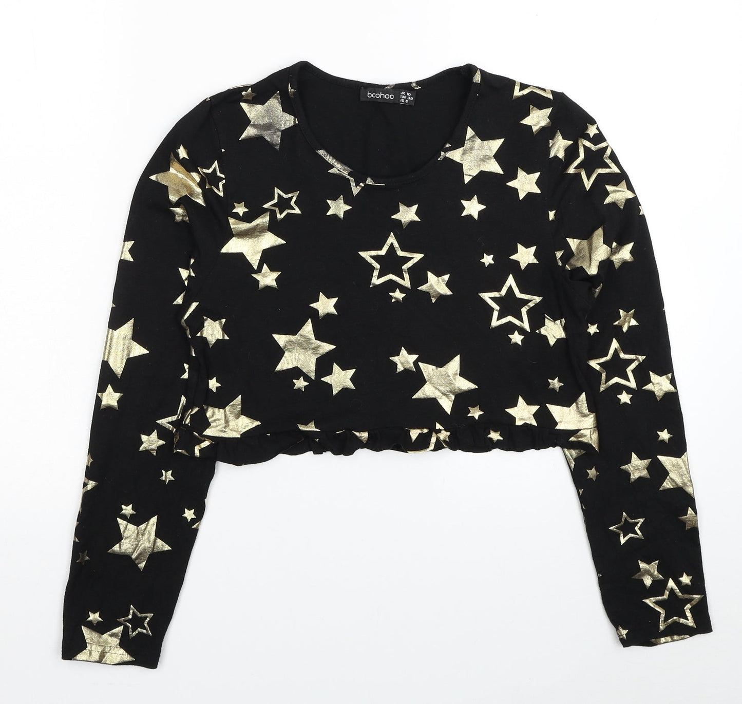 Boohoo Womens Black Geometric Viscose Cropped T-Shirt Size 10 Scoop Neck - Stars